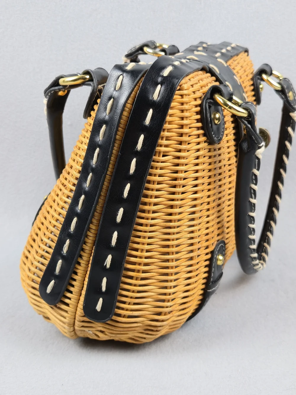 Woven Wicker Satchel Bag Black Leather Trim Turn Lock